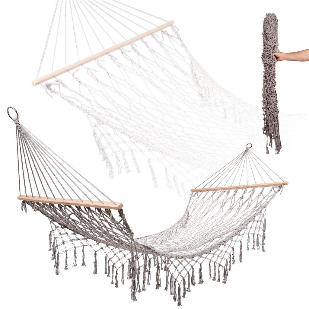 Hængekøje boho net med kvaster 200 cm - grå billede