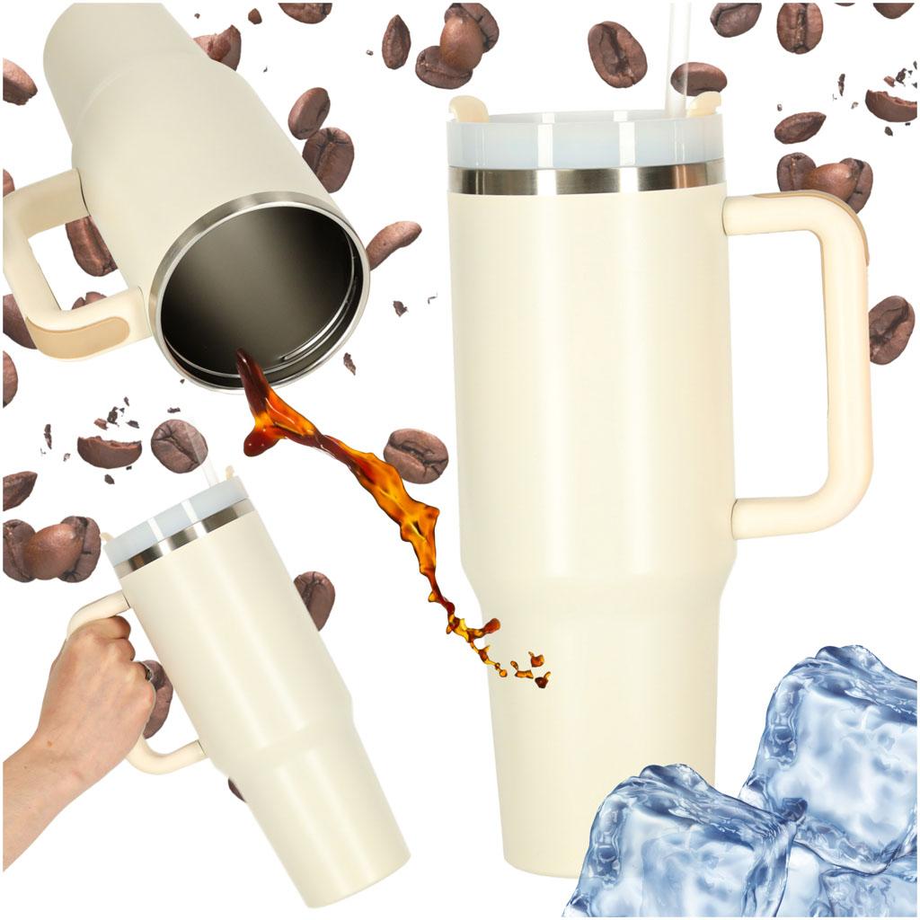 Termokop med sugerør og hank 1,2 l - creme billede