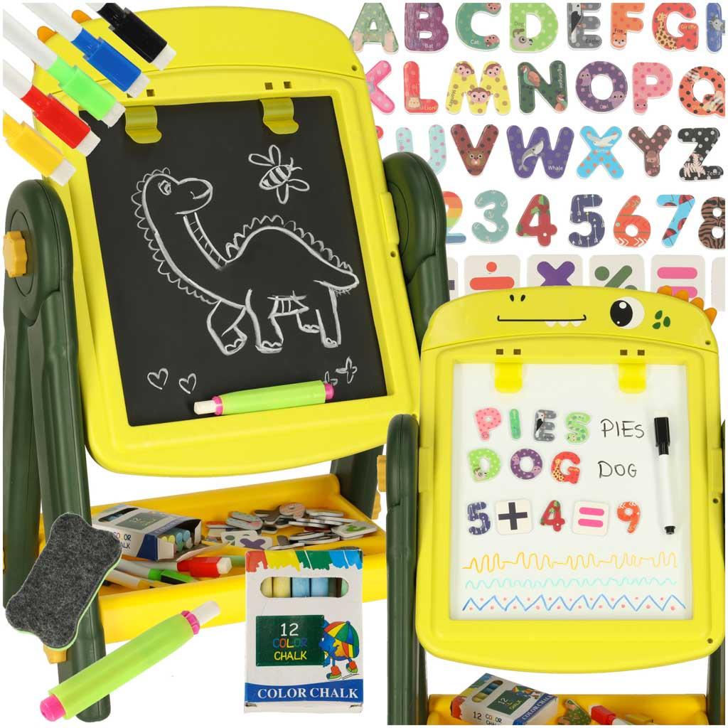 Børnetavle med magneter - dobbelt­sidet dinosaur, kridt & whiteboard