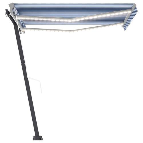 Markise m. LED + vindsensor 350x250 cm automatisk blå og hvid