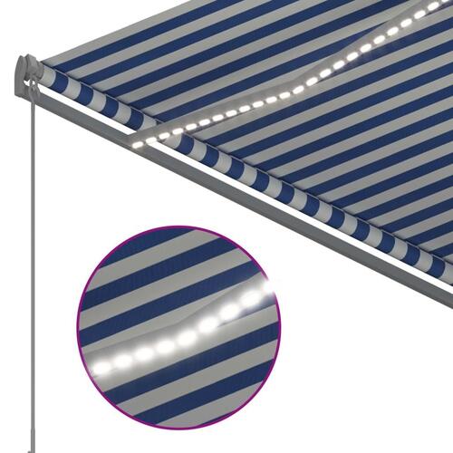 Markise m. LED + vindsensor 350x250 cm automatisk blå og hvid