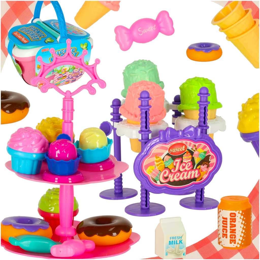 Legetøjskøkken - Pastel picnic-kurv med isbutik og desserter, 3+ billede