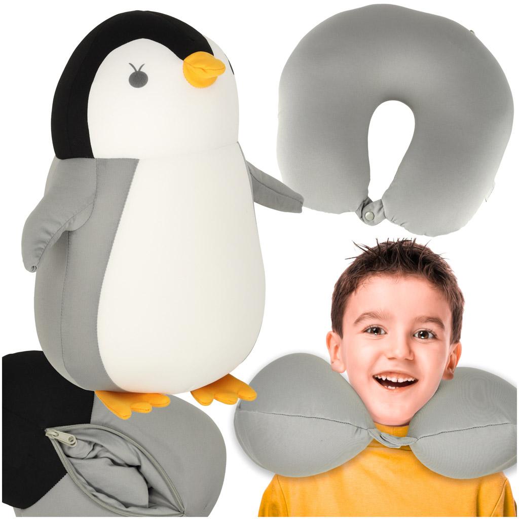 Rejsepude 2-i-1 - nakkepude/peluche pingvin, grå billede