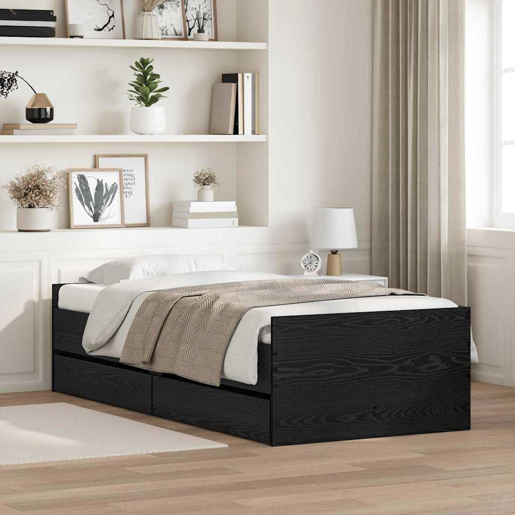 Sengestel med skuffe Sort eg 100 x 200 cm Massiv fyrretræ billede