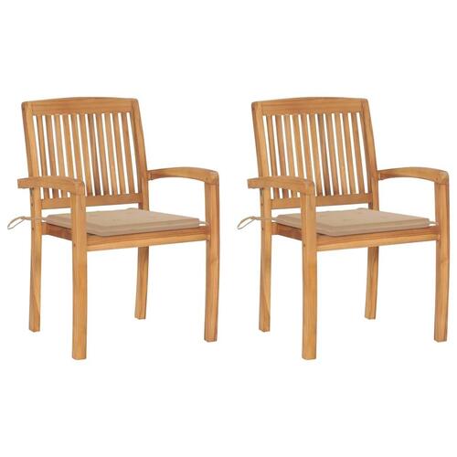 Havestole 2 stk. med beige hynder massivt teaktræ
