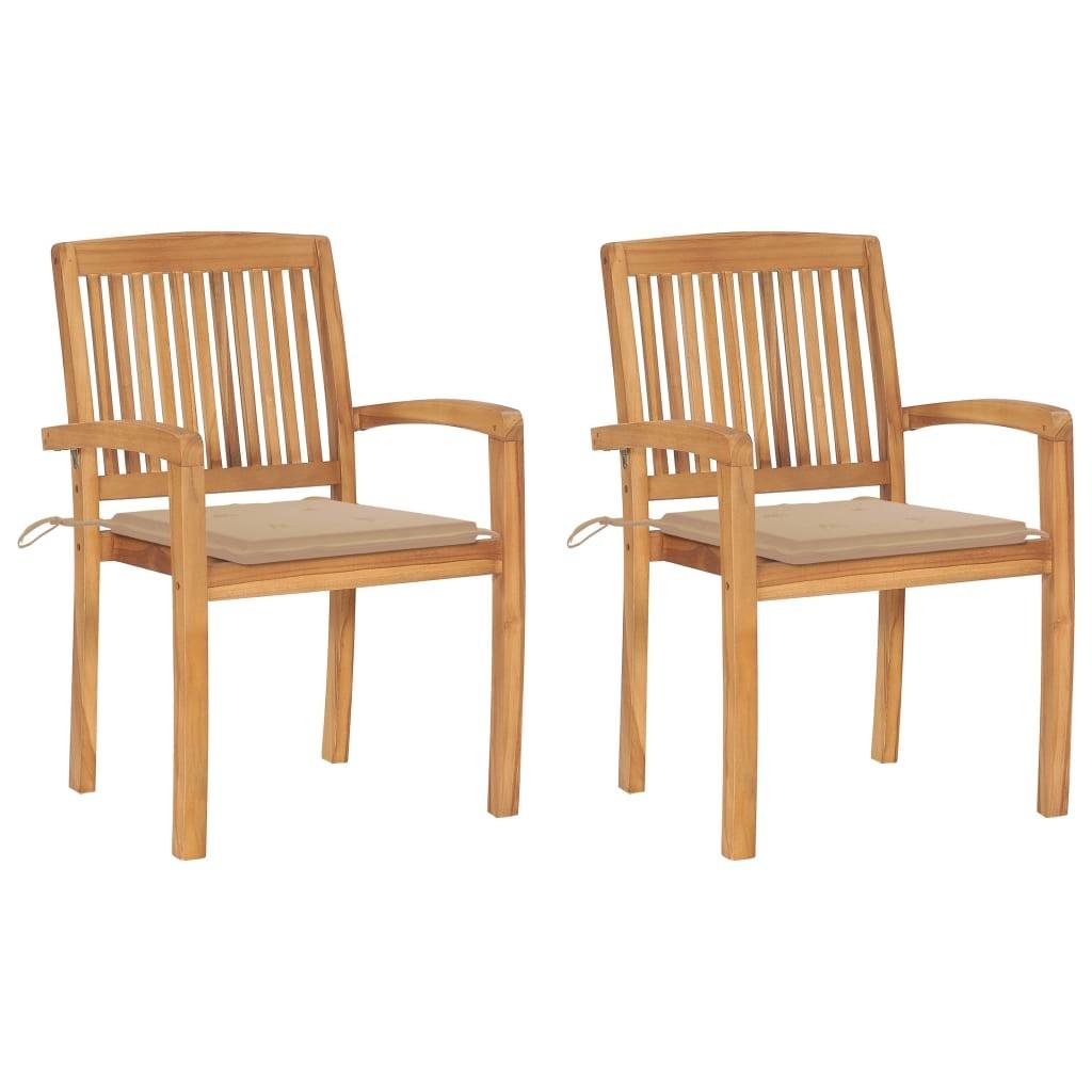 Havestole 2 stk. med beige hynder massivt teaktræ