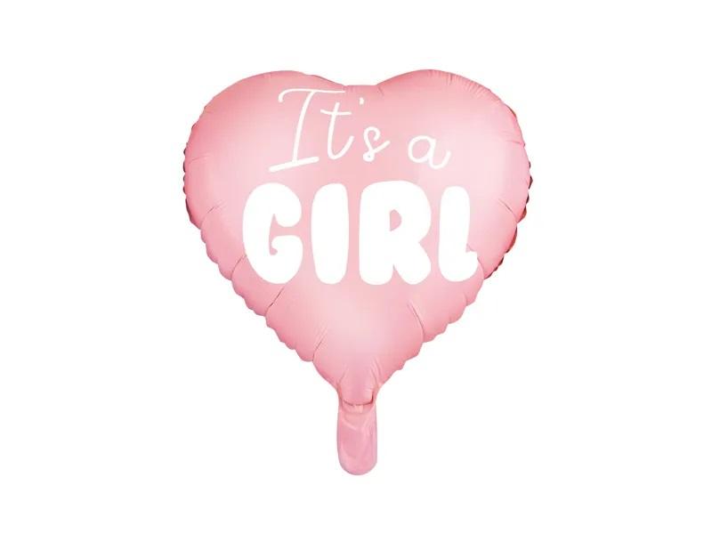 Ballon til babyshower - hjertefolie “It’s a girl”, lyserød 45-48 cm billede