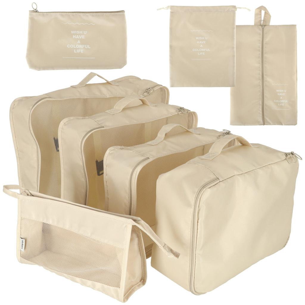 Kuffertorganizer sæt 8 dele - pakkeposer, makeup- og skopose - beige polyester billede