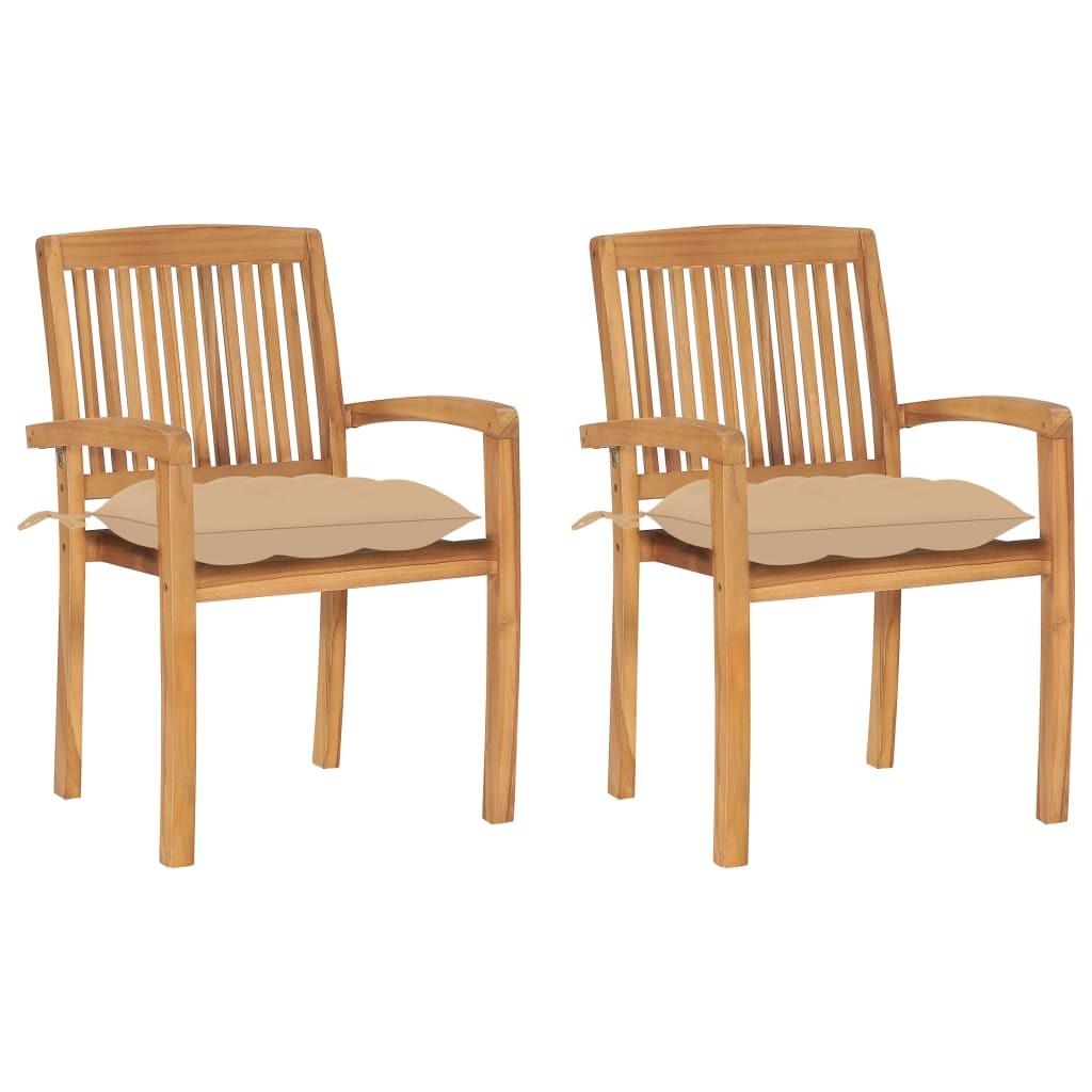 Havestole 2 stk. med beige hynder massivt teaktræ billede