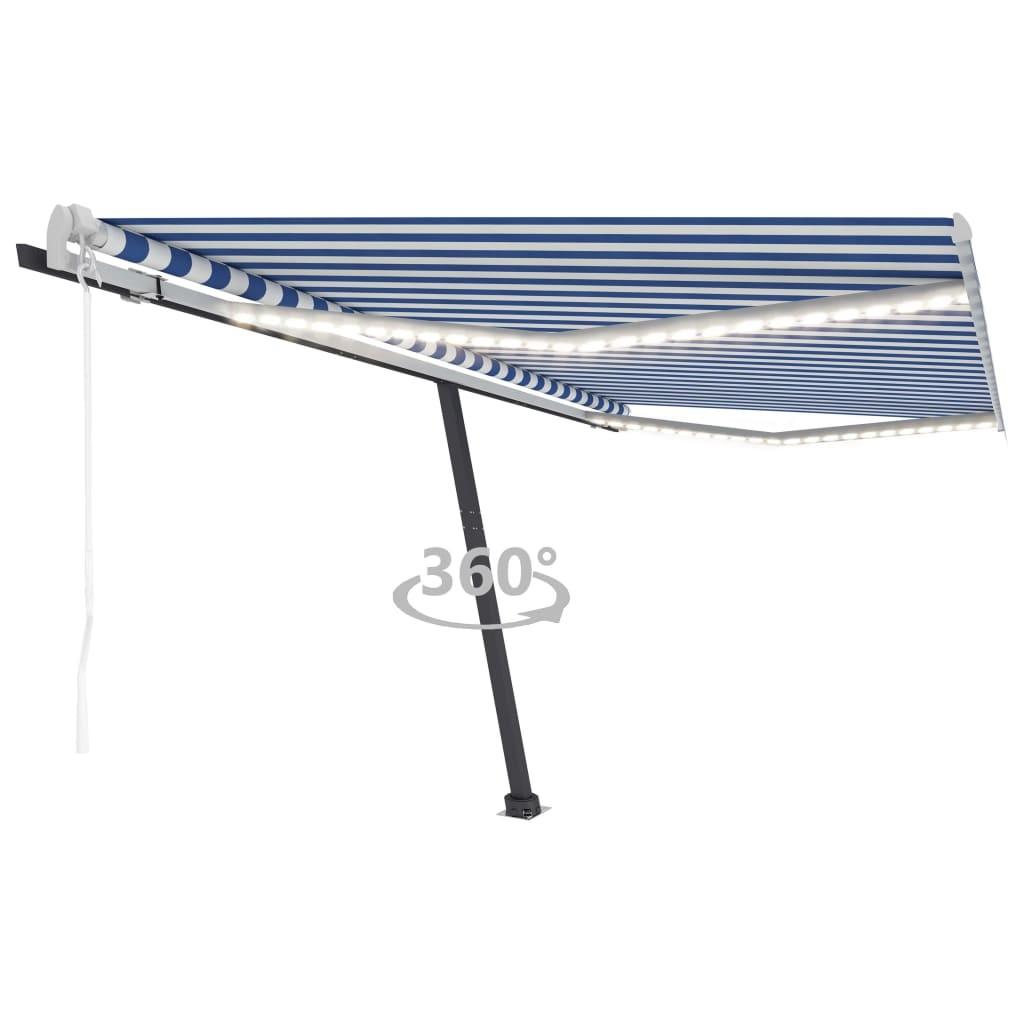 Markise m. LED + vindsensor 400x350 cm automatisk blå og hvid