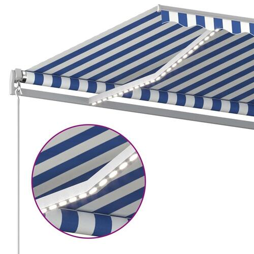 Markise m. LED + vindsensor 400x350 cm automatisk blå og hvid