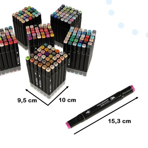 Dobbeltspids alkoholbaserede tuscher i etui 204 stk + stativ