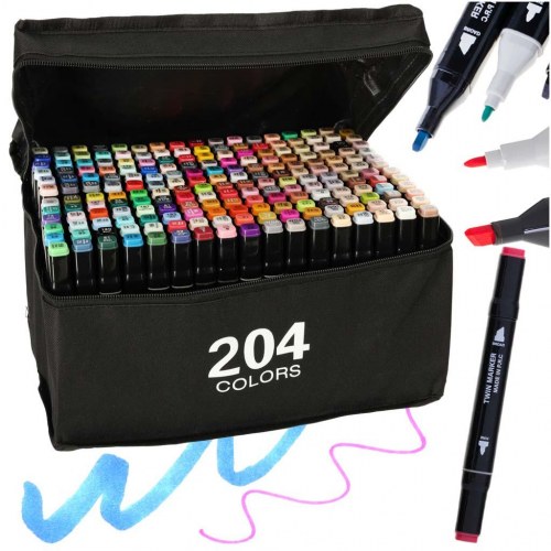 Dobbeltspids alkoholbaserede tuscher i etui 204 stk + stativ