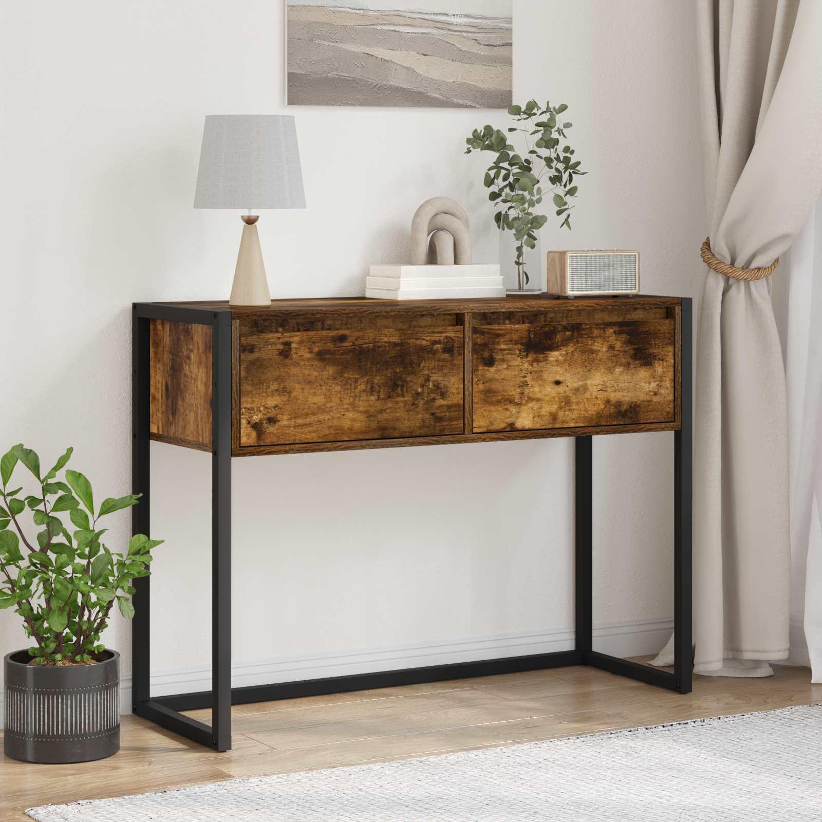 Endebord med skuffe Røget Eg 100 x 36 x 75 cm Konstrueret træ billede