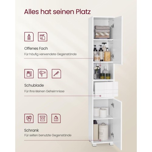 Højt smalt badeværelsesskab 30 × 30 × 170 cm, hvid, med skuffe og justerbare hylder