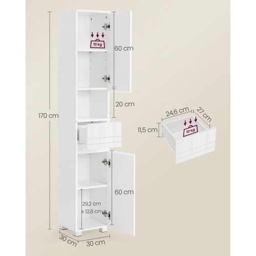 Højt smalt badeværelsesskab 30 × 30 × 170 cm, hvid, med skuffe og justerbare hylder