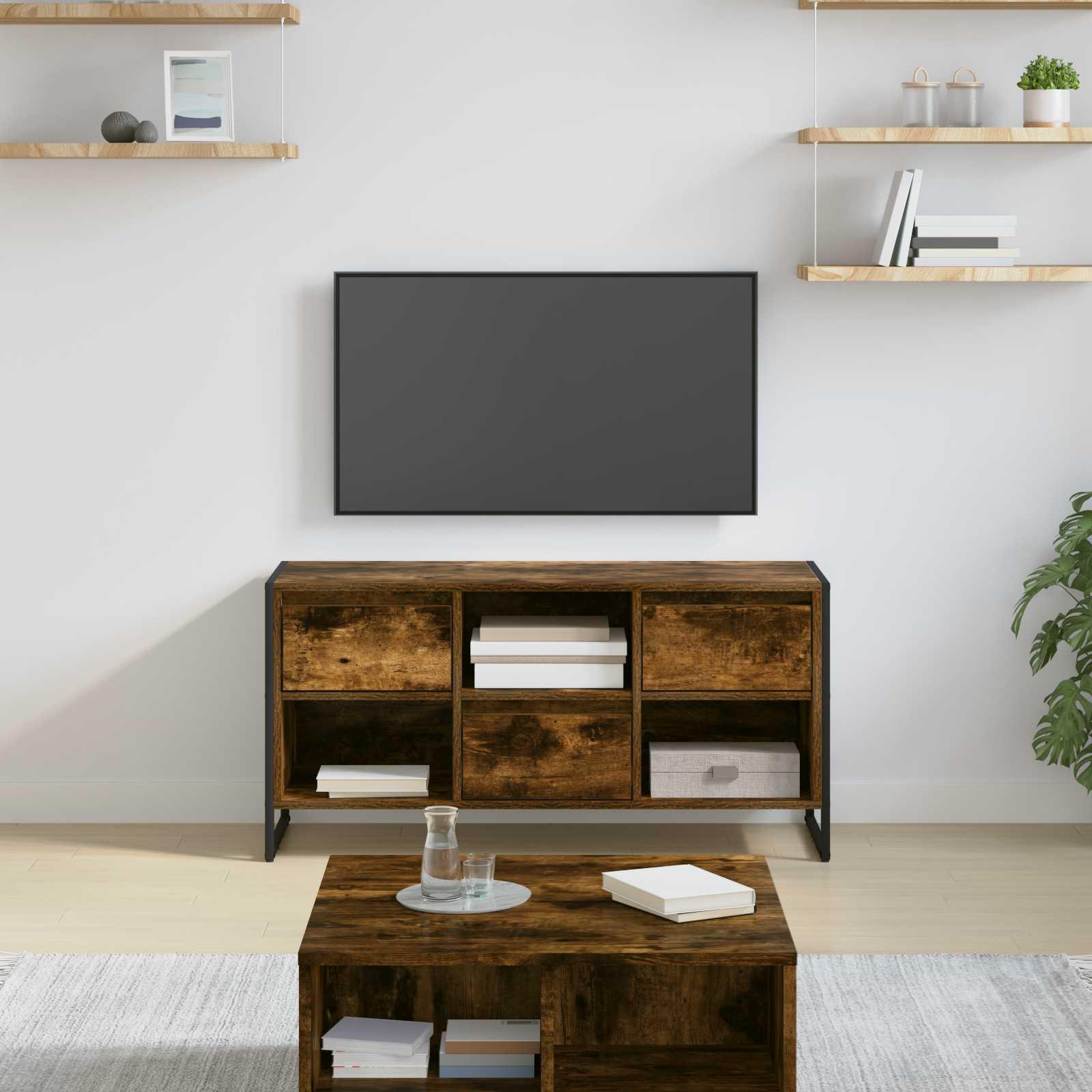 TV-skab med skuffe Røget Eg 100 x 36 x 49,5 cm Konstrueret træ billede