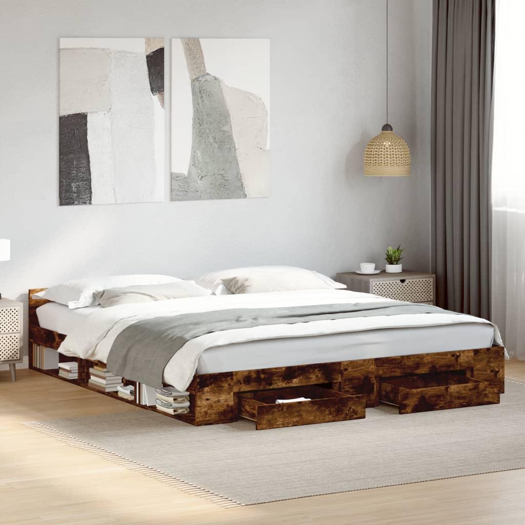 Sengeramme med skuffer 200x200 cm konstrueret træ røget eg billede