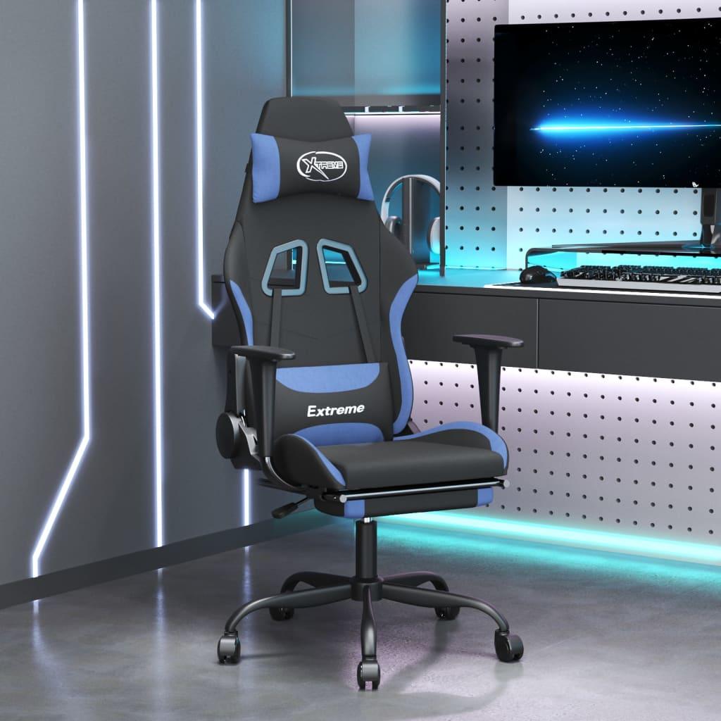 Gamingstol med massagefunktion + fodstøtte stof sort og blå billede