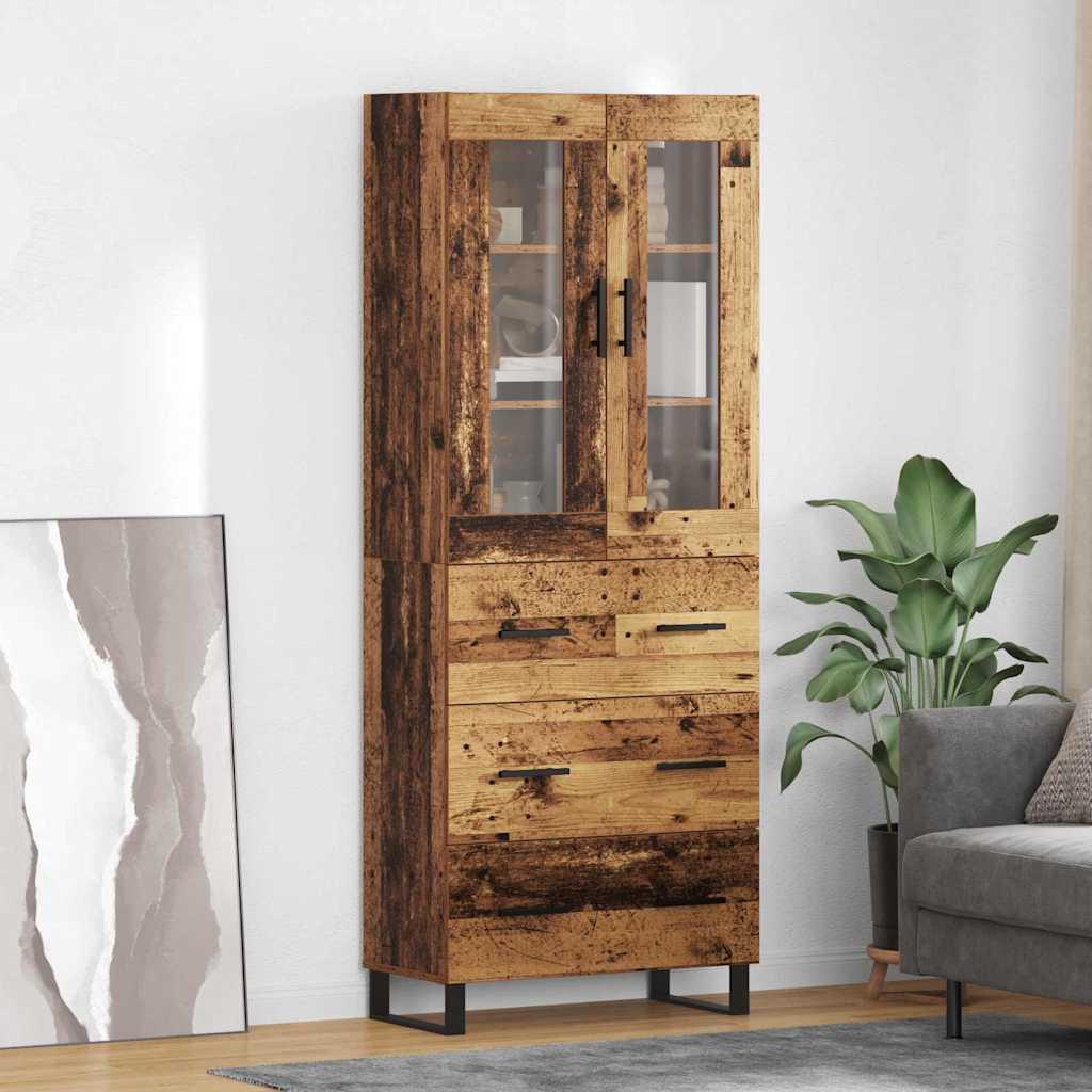 Highboard med skuffer 2-delt Gammelt træ Ingeniørtræ og glas billede
