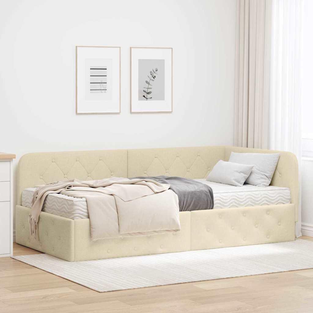 Hjørnesengramme med madras Creme 100 x 200 cm Stof billede