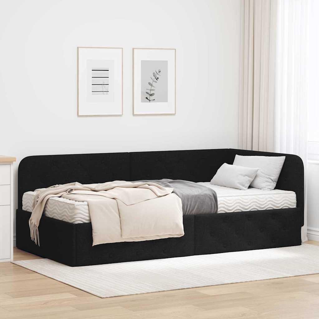 Hjørnesengramme med madras med hovedgærde Sort 90 x 200 cm Stof billede