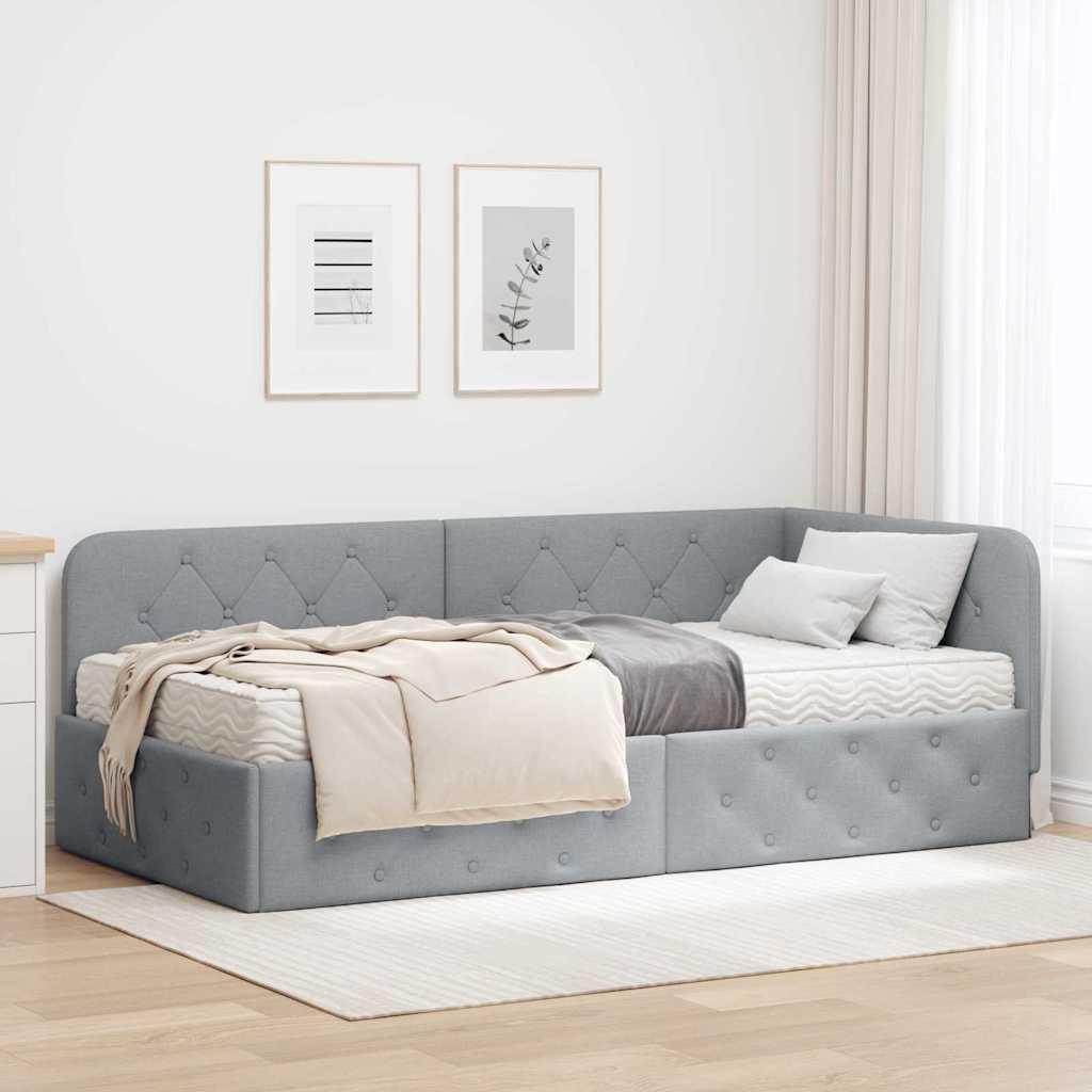 Hjørnesengramme med madras Lysegrå 90 x 200 cm Stof billede