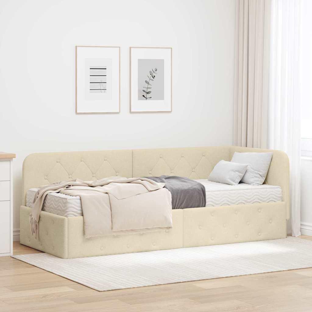 Hjørnesengramme med madras Creme 80 x 200 cm Stof billede