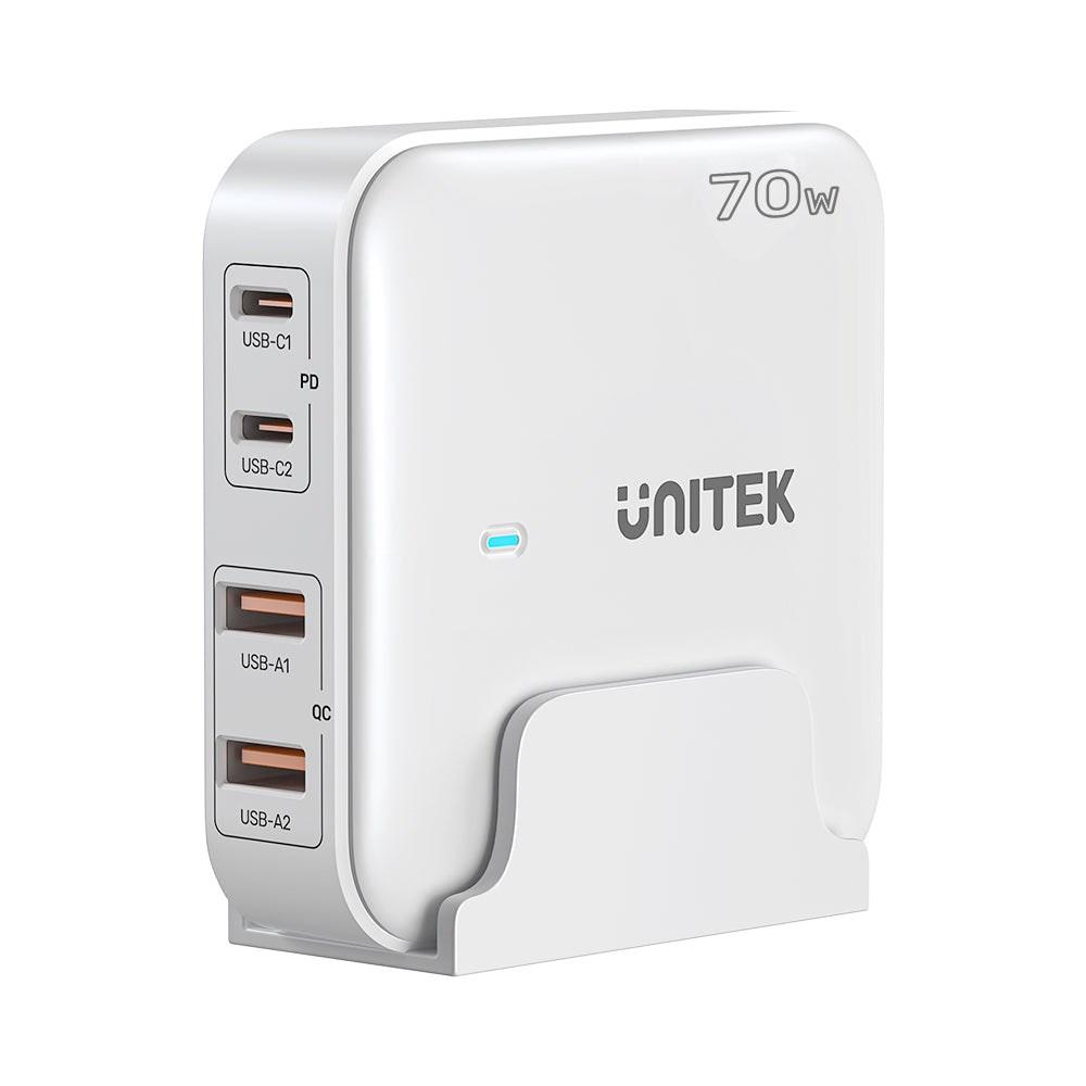 UNITEK P1229AWH01-EU GaN oplader 100 W med 2 x USB-C og 2 x USB-A, hvid