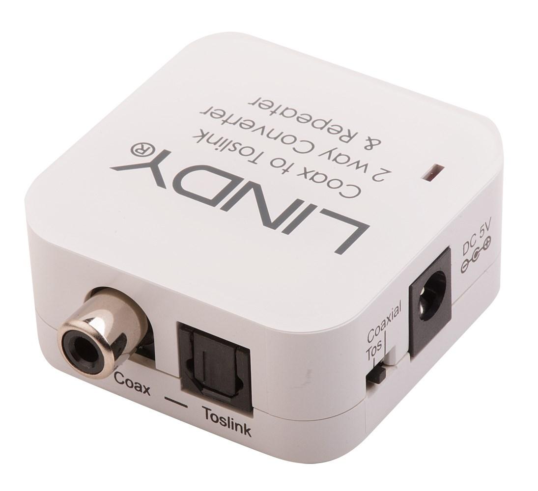 Optisk lydkonverter Toslink/Coax - Lindy 2-vejs konverter og repeater billede
