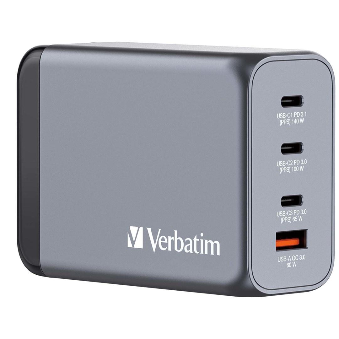 Oplader GaN 240 W med 4 porte – Verbatim USB-C/USB-A (EU/UK/US)
