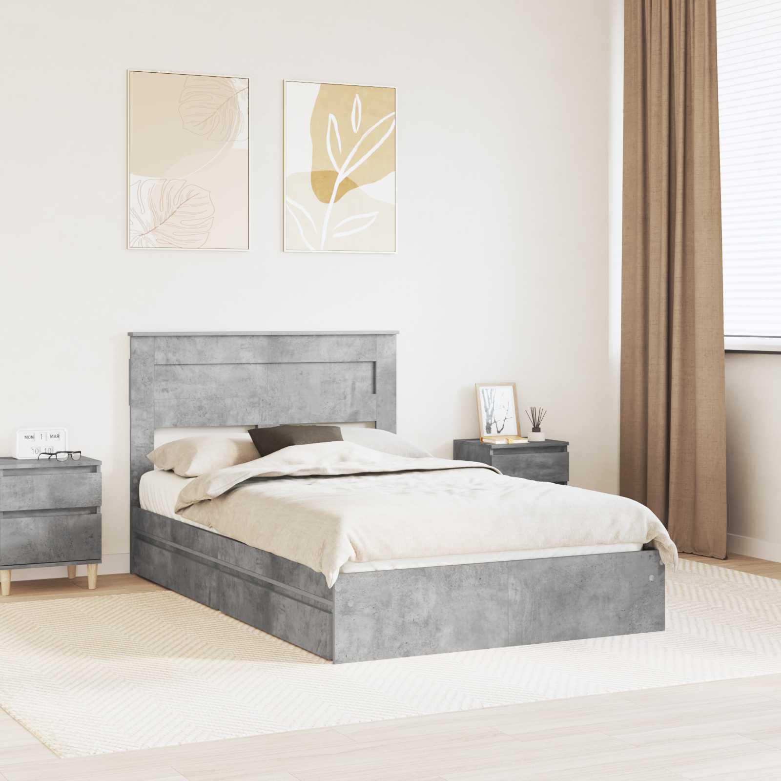 Sengestel med skuffe Beton Grå 135 x 190 cm Konstrueret træ billede