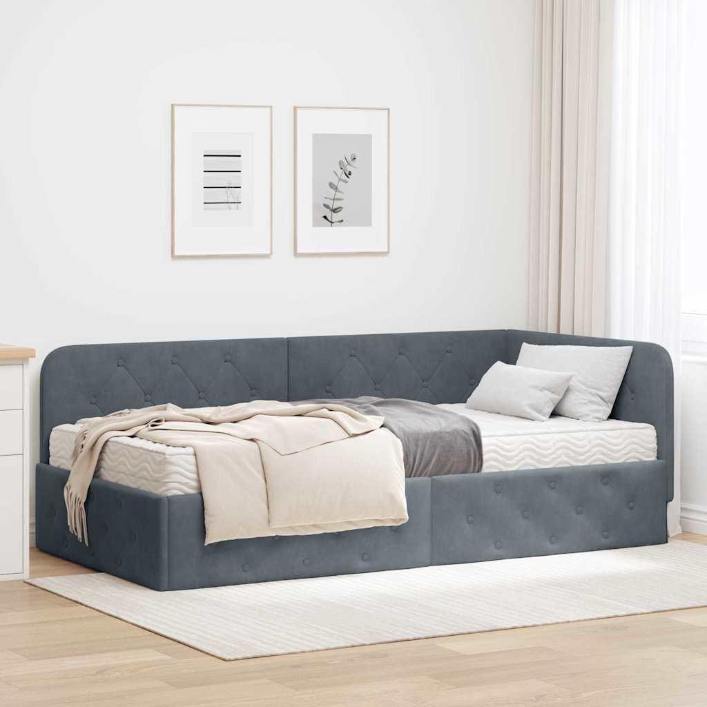 Hjørnesengramme med madras Mørkegrå 90 x 200 cm Fløjl billede