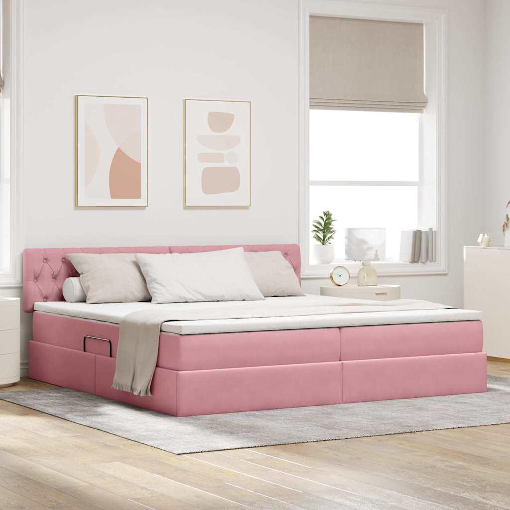 Opbevaringsseng med madras Lyserød 200 x 200 cm Fløjl billede