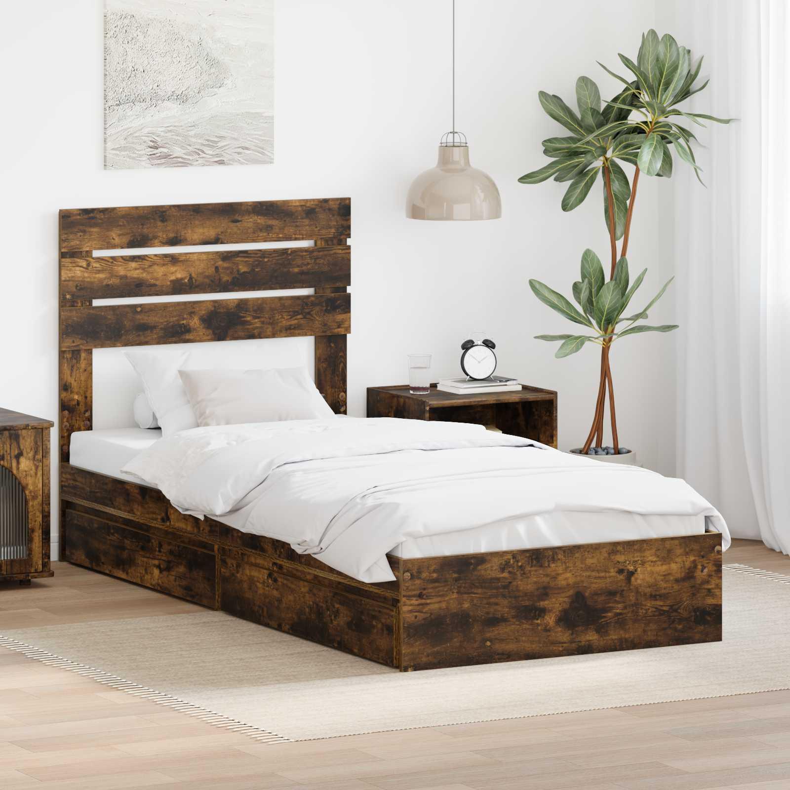 Sengestel med skuffe Røget eg 90 x 190 cm Konstrueret træ billede