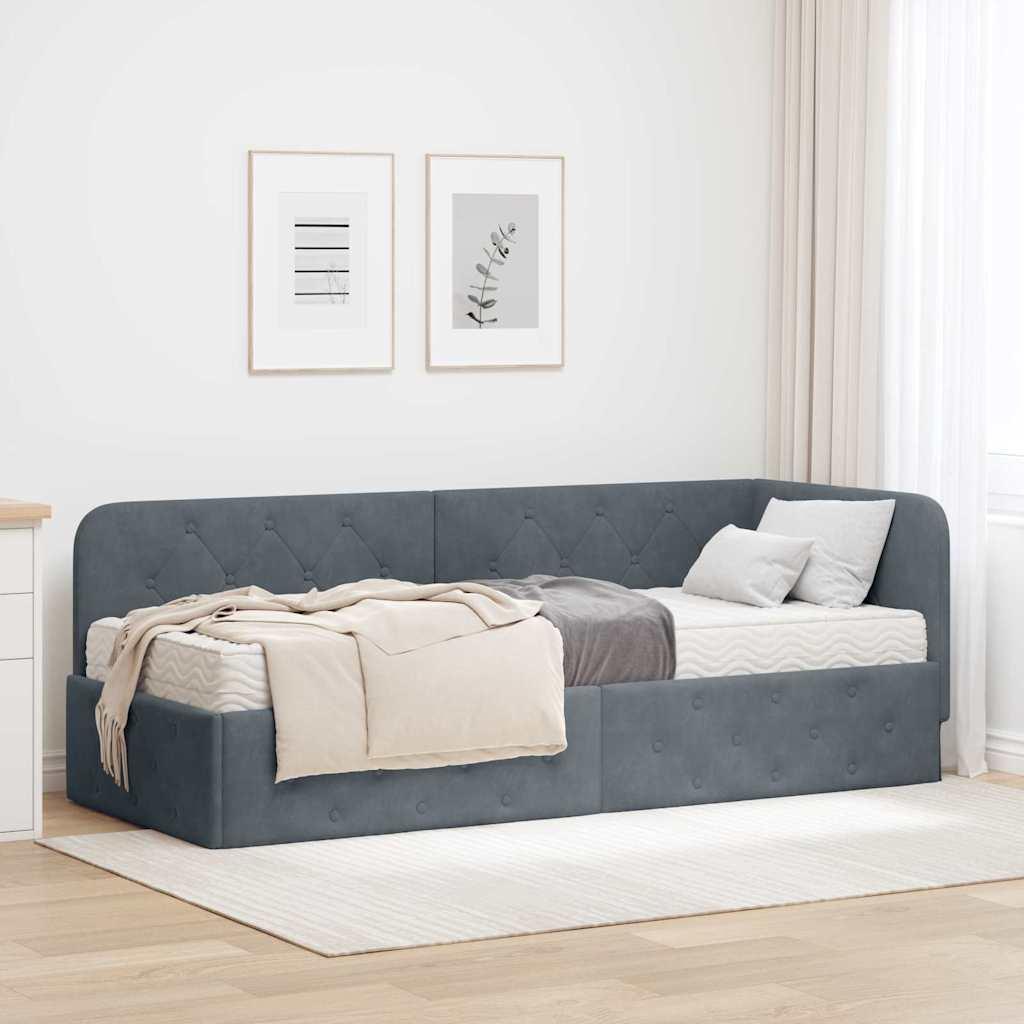 Hjørnesengramme med madras Mørkegrå 80 x 200 cm Fløjl billede