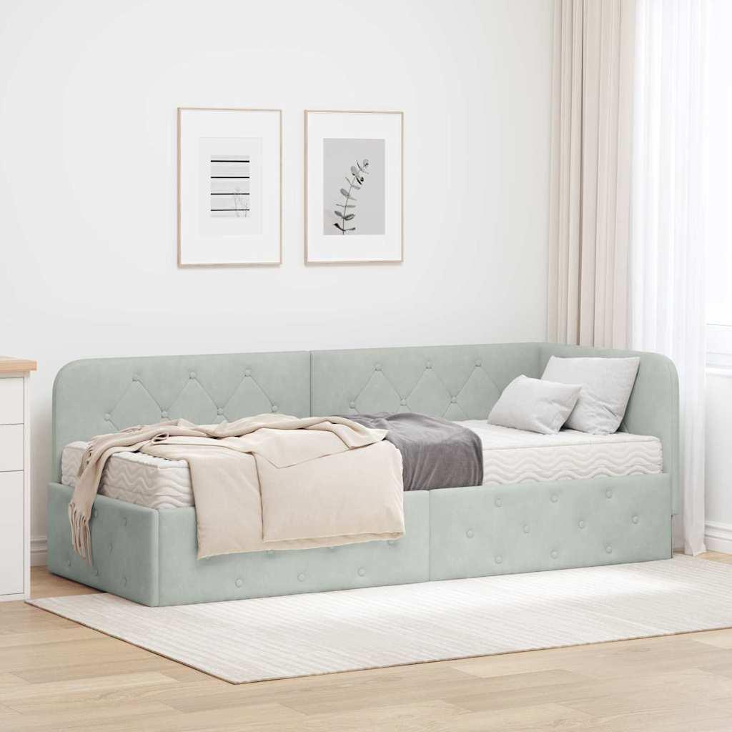 Hjørnesengramme med madras Lysegrå 80 x 200 cm Fløjl billede