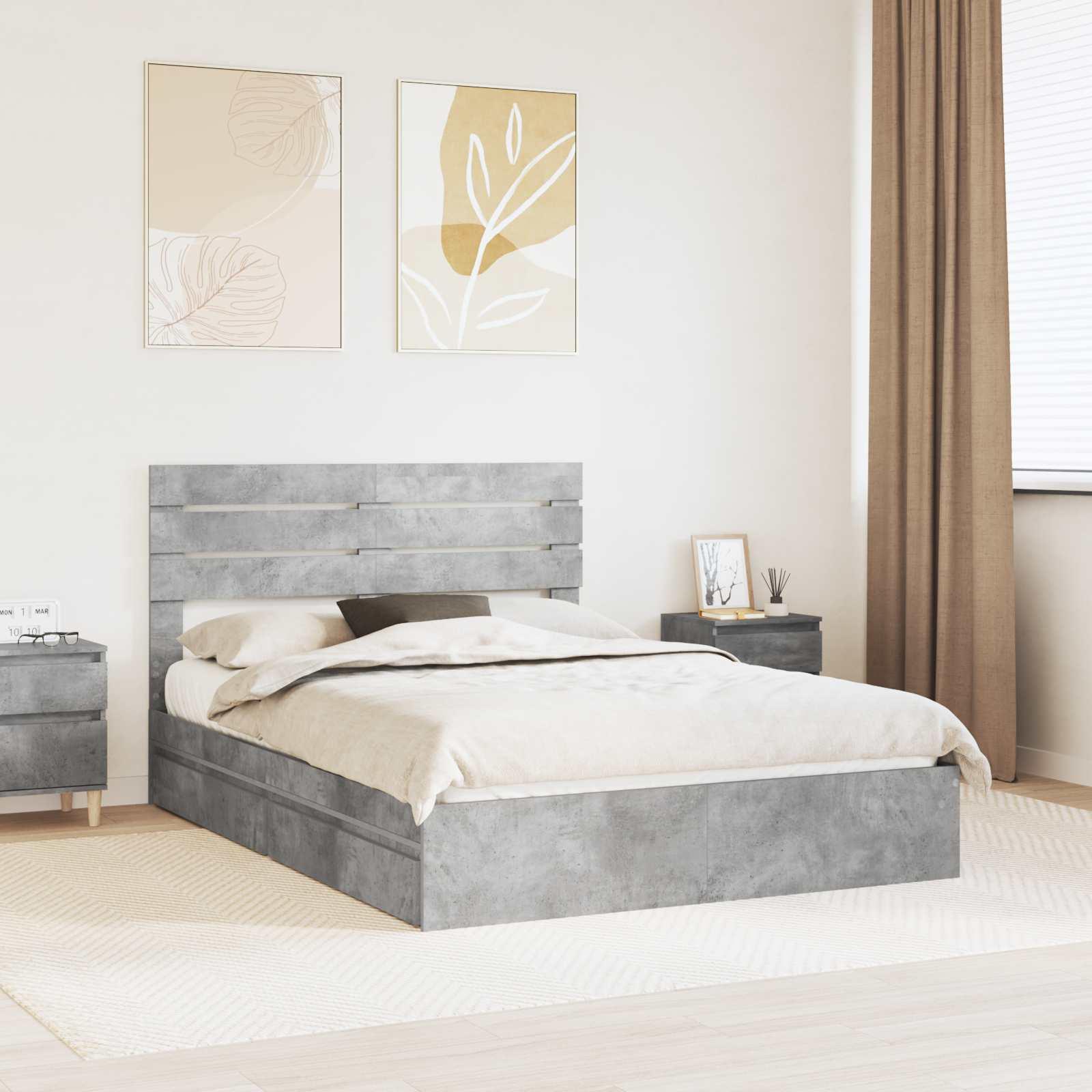 Sengestel med skuffe Beton Grå 150 x 200 cm Konstrueret træ billede