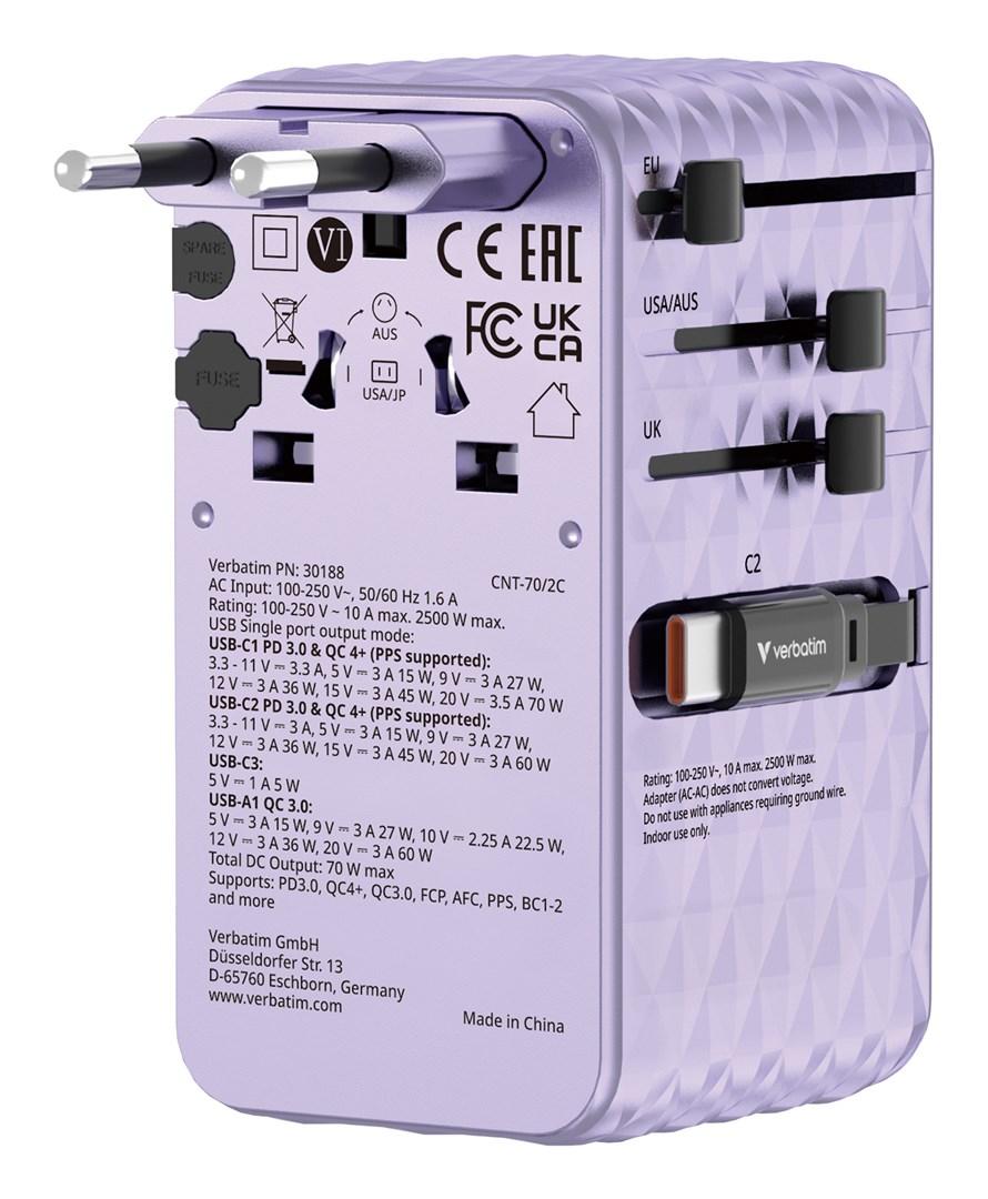 Rejseadapter med USB-C oplader 70 W - Verbatim Charge 'n' Travel, lilla