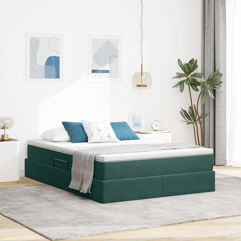 Seng med opbevaring og madras Mørkegrøn 140 x 190 cm Fløjl billede
