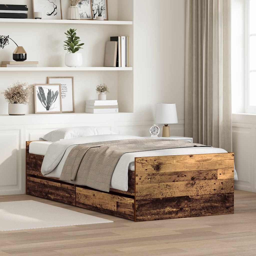 Sengestel med skuffe Gammelt træ 90 x 200 cm Massiv fyrretræ billede