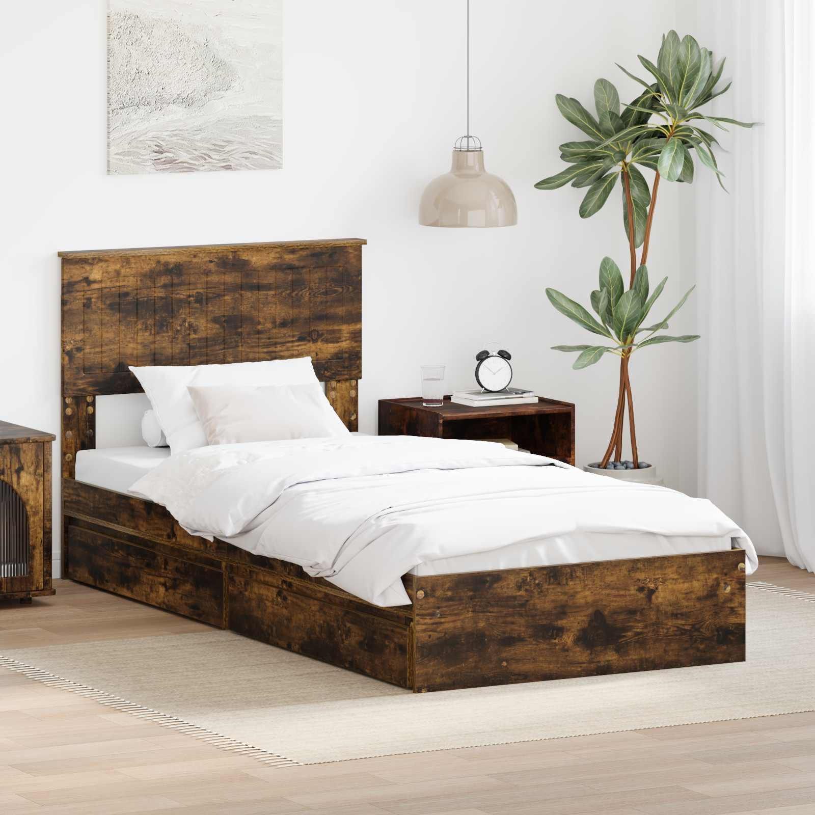 Sengestel med skuffe Røget eg 90 x 200 cm Konstrueret træ billede