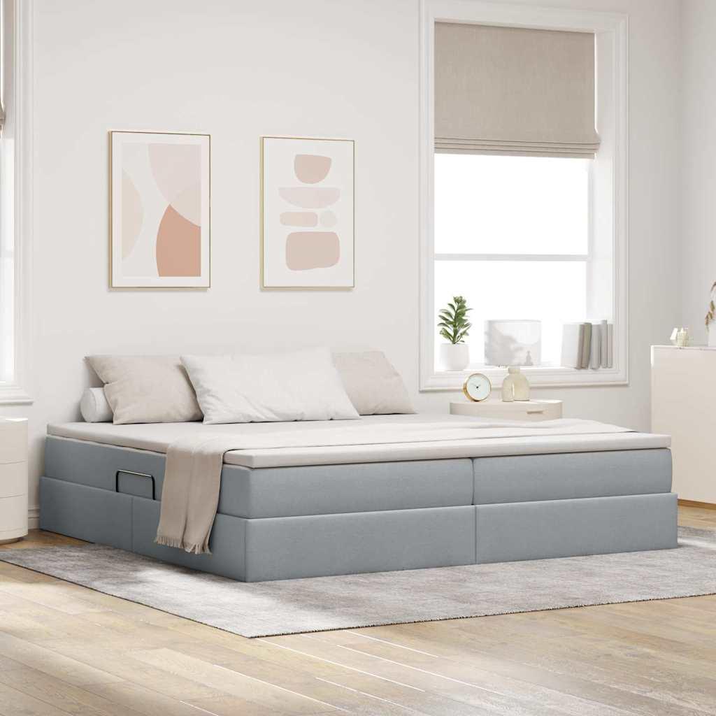 Seng med opbevaring og madras - lysegrå 200 × 200 cm, polyester