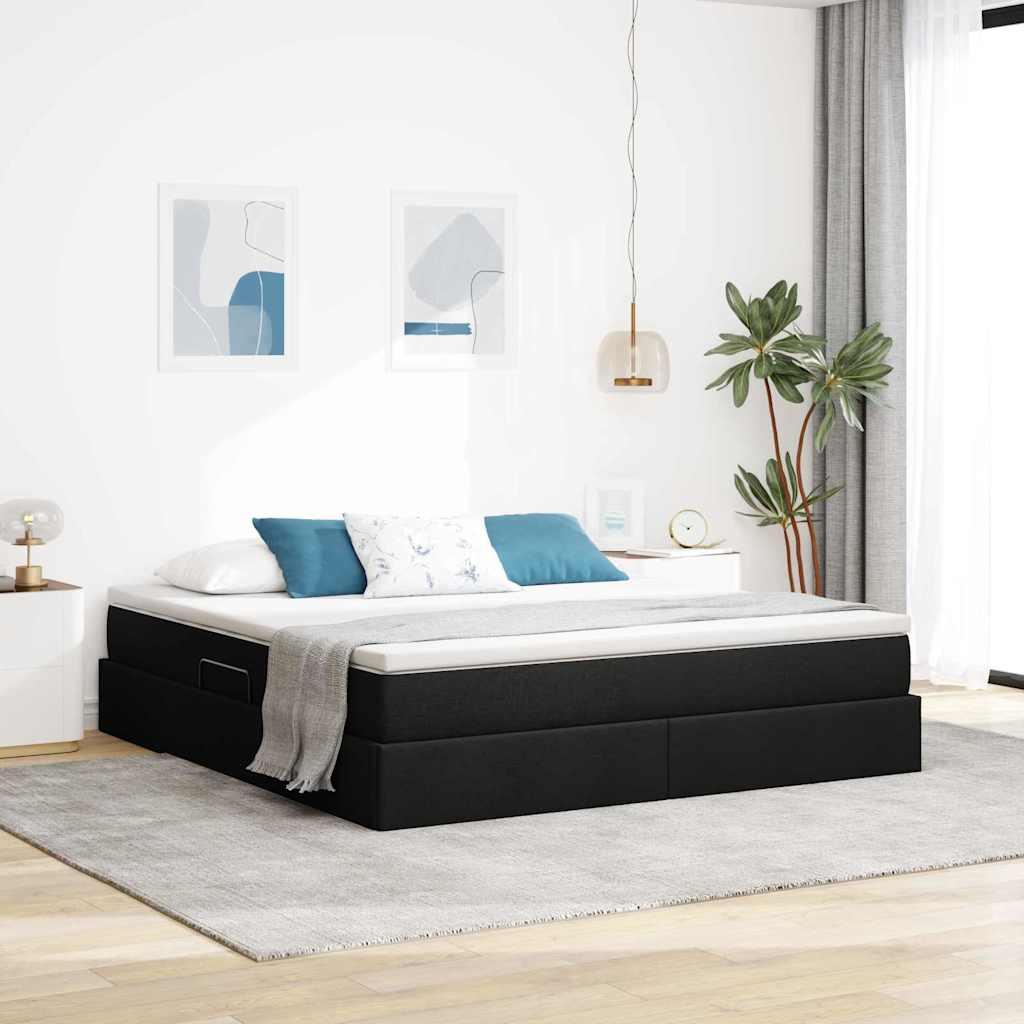 Seng med opbevaring og madras Sort 160 x 200 cm Polyester billede