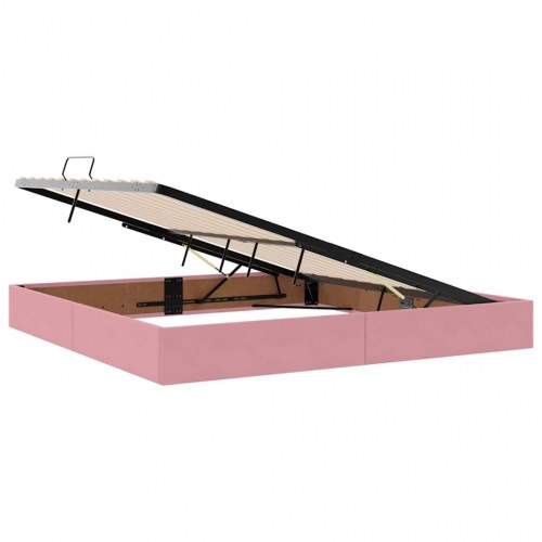 Seng med opbevaring og madras - lyserød fløjl 200 x 200 cm med LED