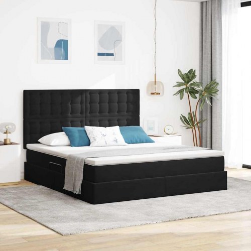 Seng med opbevaring og LED inkl. madras - sort fløjl 180 x 200 cm