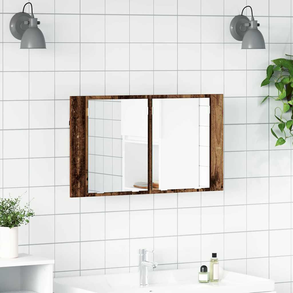 Badeværelsesspejlskab med hylde Gammelt træ 80 x 12 x 45 cm billede