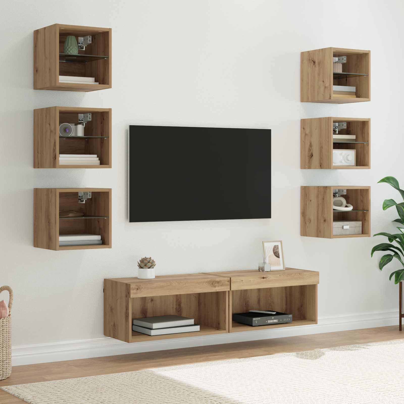TV-skab med LED -strimmellys 8 stk Artisan Egetræ Glas billede