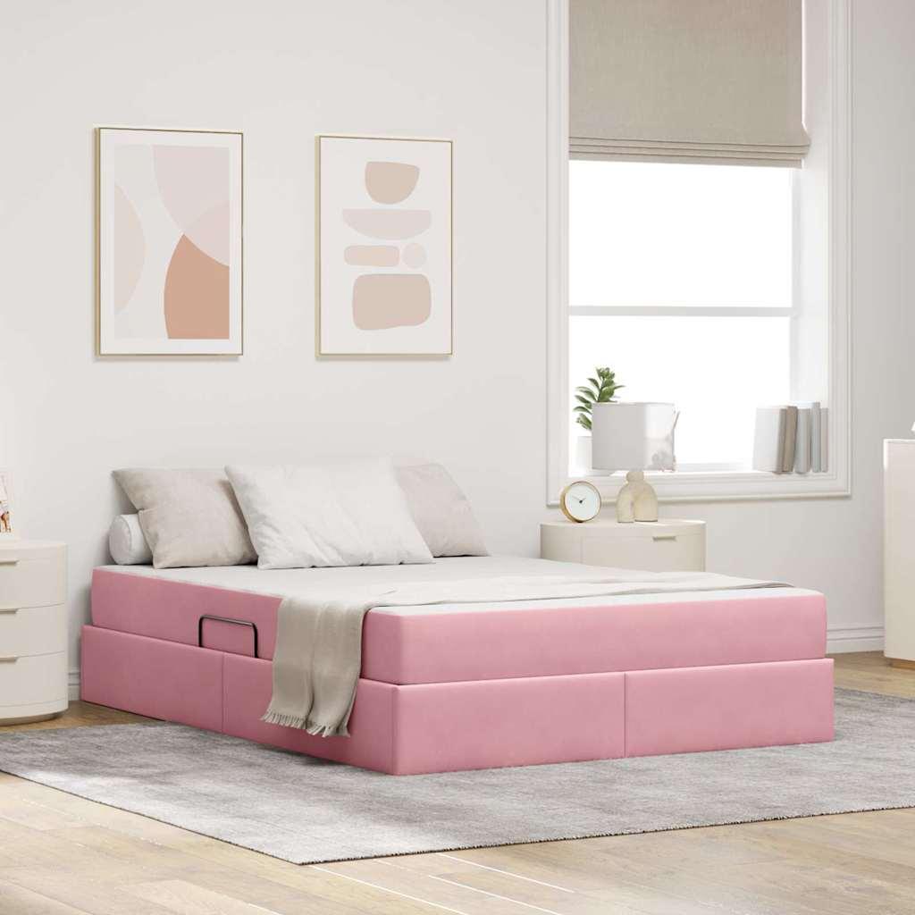 Seng med opbevaring og madras Lyserød 140 x 190 cm Fløjl billede