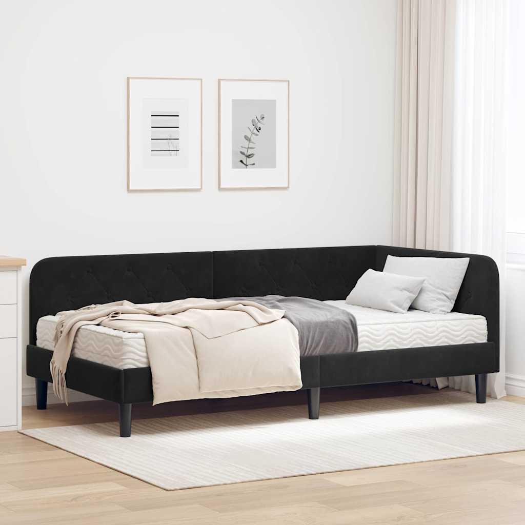Hjørnesengramme med madras Sort 90 x 200 cm Fløjl billede